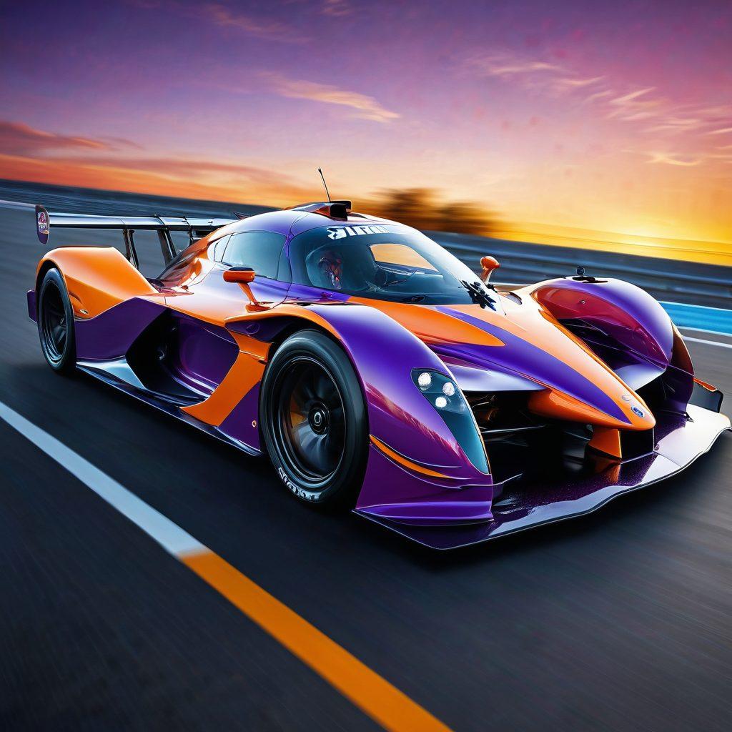 A dynamic scene featuring a stylish race car zooming through a winding track, showcasing sleek aerodynamic design. Surrounding the car are various high-performance gear items like helmets, racing suits, and shoes, emphasizing speed and comfort. The background includes blurred motion effects and a vibrant sky at sunset, symbolizing adrenaline and excitement. The scene captures both the essence of performance and the thrill of racing. super-realistic. vibrant colors. 3D.