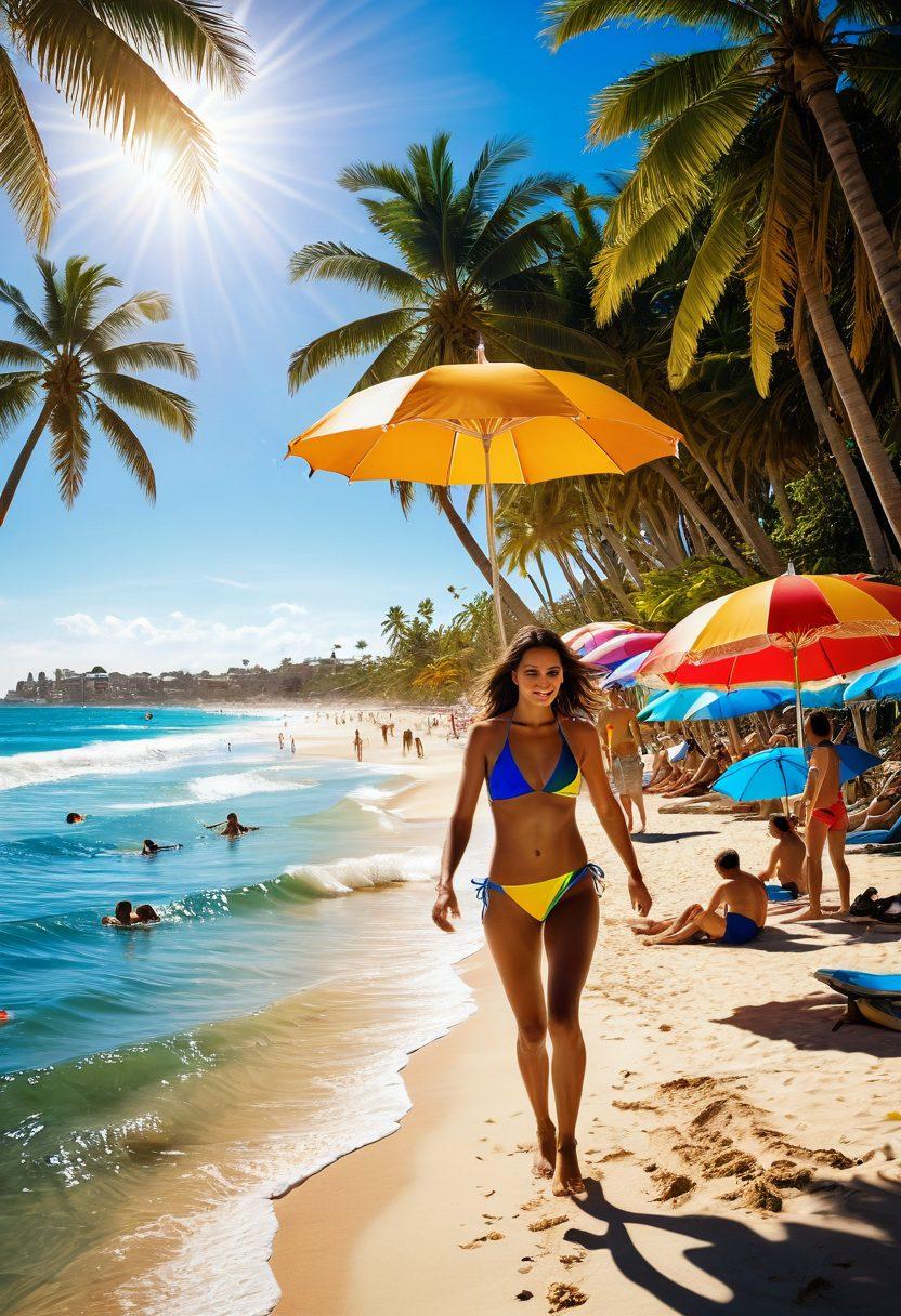 A vibrant beach scene featuring individuals in stylish swimwear and sleek racing gear, showcasing splashes of water and sun rays. Include a background of palm trees and beach umbrellas to enhance the summer vibe. Capture a sense of movement with swimmers diving and racing near the shoreline. Super-realistic. Vibrant colors. Bright sunny background.